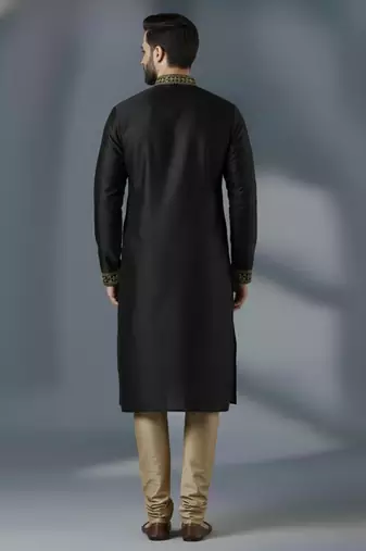 Black dupion silk embroidered kurta set