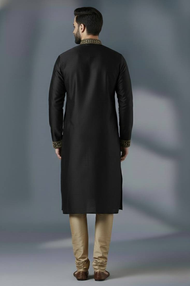 Black dupion silk embroidered kurta set