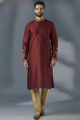 Maroon dupion silk embroidered kurta set 1