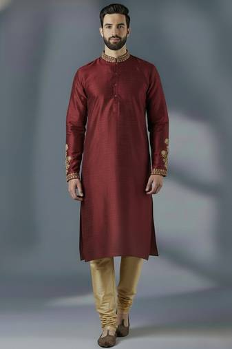 Maroon dupion silk embroidered kurta set
