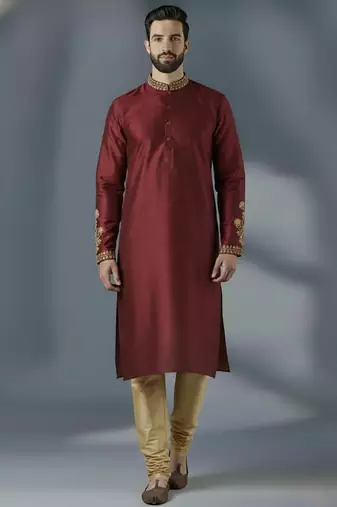 Maroon dupion silk embroidered kurta set