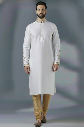 White  dupion silk embroidered kurta set