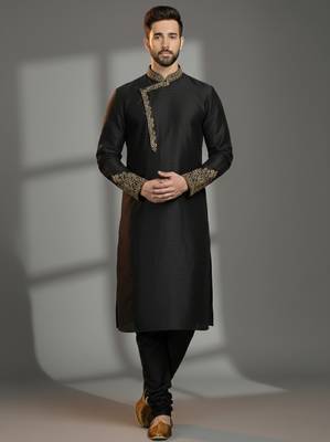 Black dupion silk embroidered kurta set 1