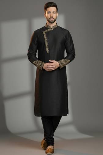 Black dupion silk embroidered kurta set