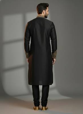 Black dupion silk embroidered kurta set 2