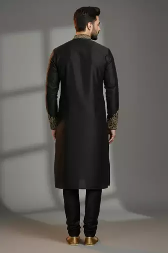 Black dupion silk embroidered kurta set