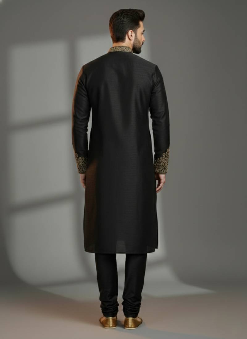 Black dupion silk embroidered kurta set