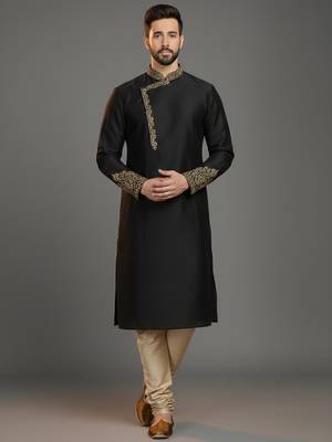 Black dupion silk embroidered kurta set 1