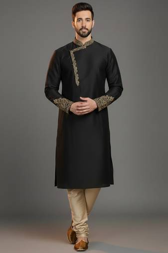 Black dupion silk embroidered kurta set