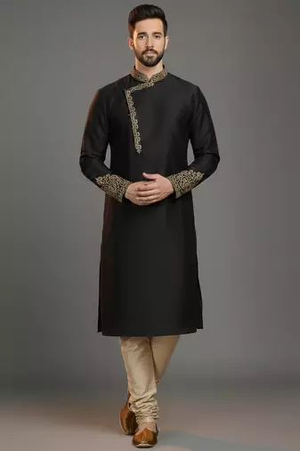 Black dupion silk embroidered kurta set