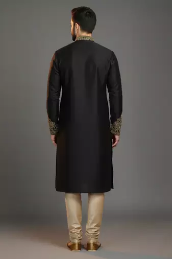 Black dupion silk embroidered kurta set