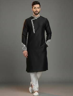 Black dupion silk embroidered kurta set 1