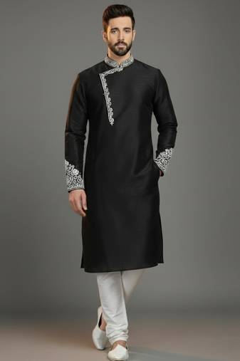 Black dupion silk embroidered kurta set