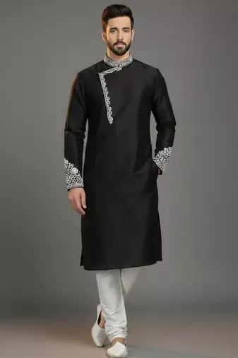 Black dupion silk embroidered kurta set