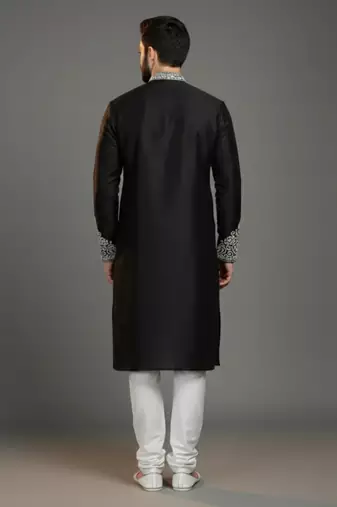 Black dupion silk embroidered kurta set
