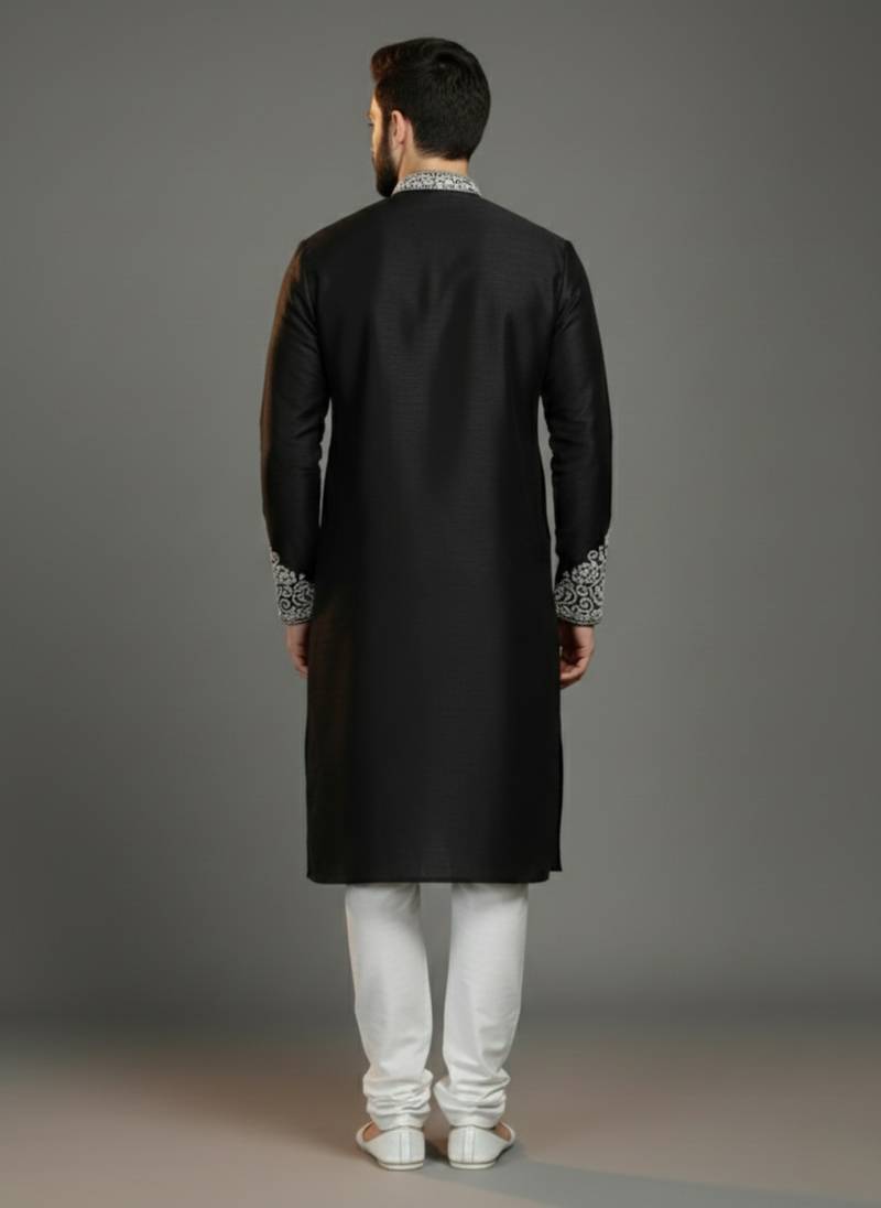 Black dupion silk embroidered kurta set