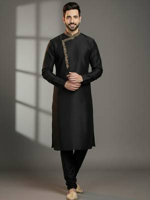 Black  dupion silk embroidered kurta set 1