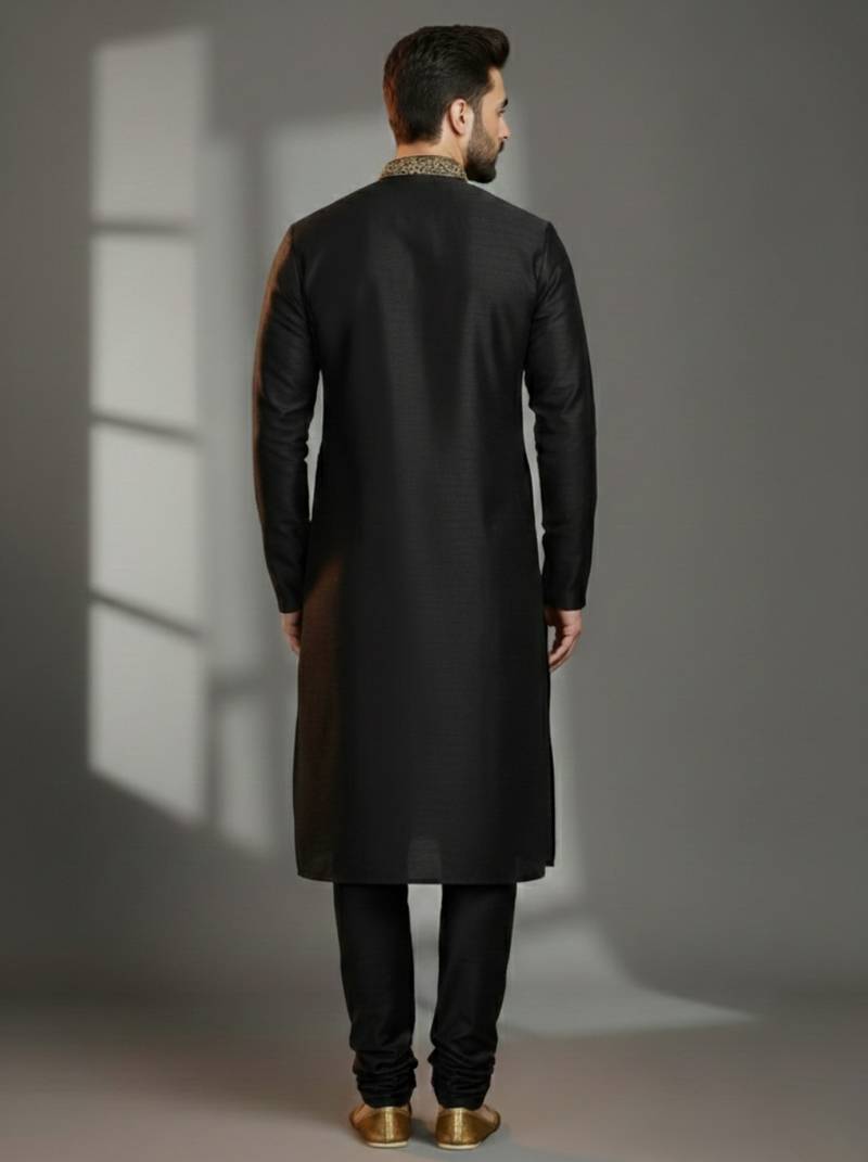 Black  dupion silk embroidered kurta set