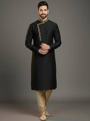 Black dupion silk embroidered kurta set 1