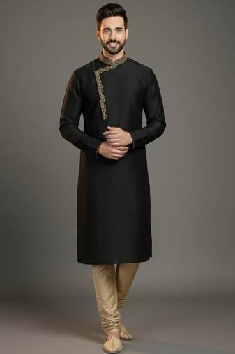 Black dupion silk embroidered kurta set