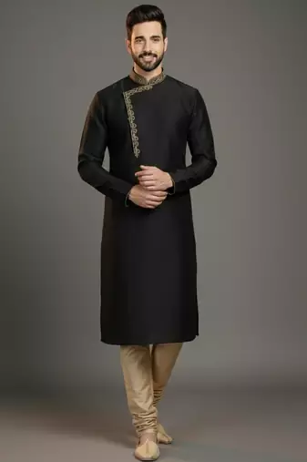 Black dupion silk embroidered kurta set