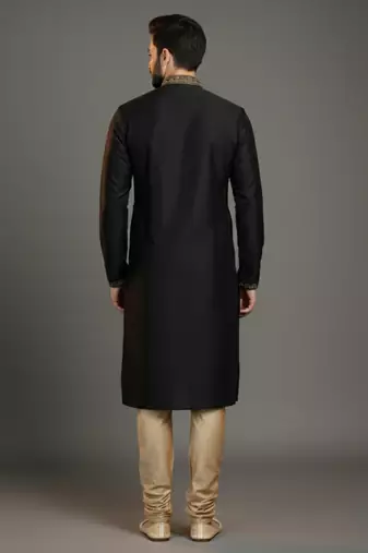 Black dupion silk embroidered kurta set