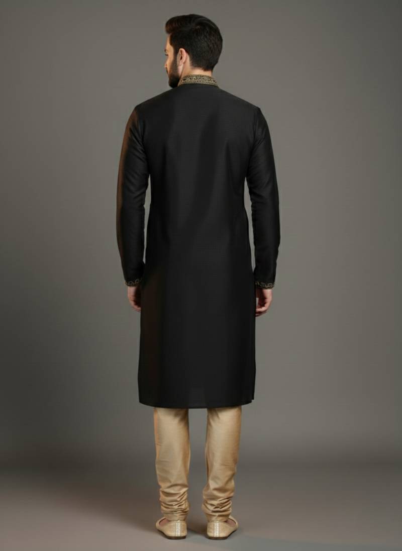 Black dupion silk embroidered kurta set