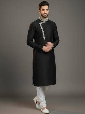 Black dupion silk embroidered kurta set 1