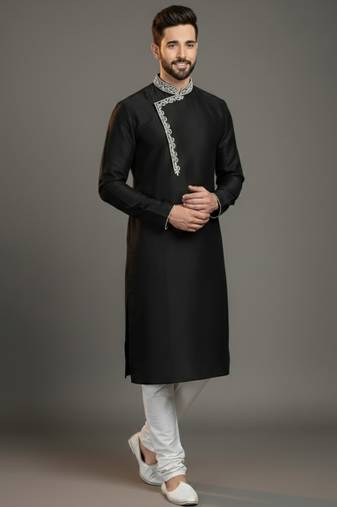Black dupion silk embroidered kurta set