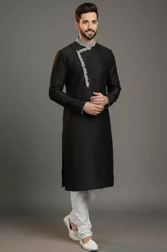 Black dupion silk embroidered kurta set