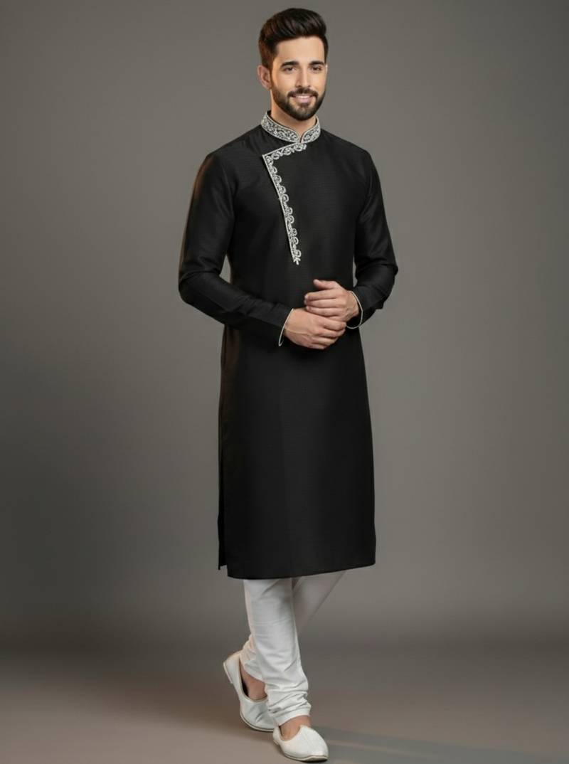 Black dupion silk embroidered kurta set