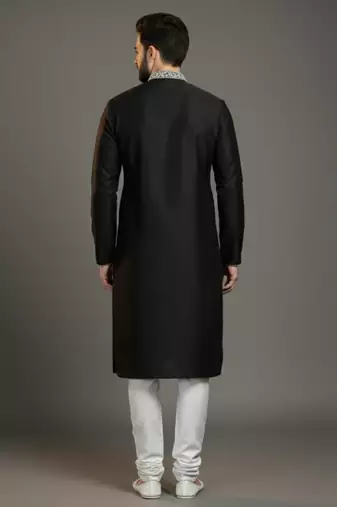 Black dupion silk embroidered kurta set