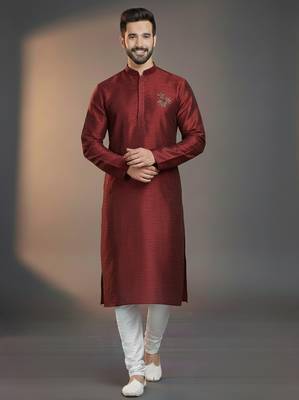 Maroon dupion silk embroidered kurta set 1