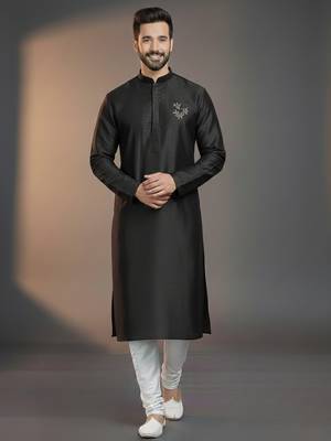 Black dupion silk embroidered kurta set 1