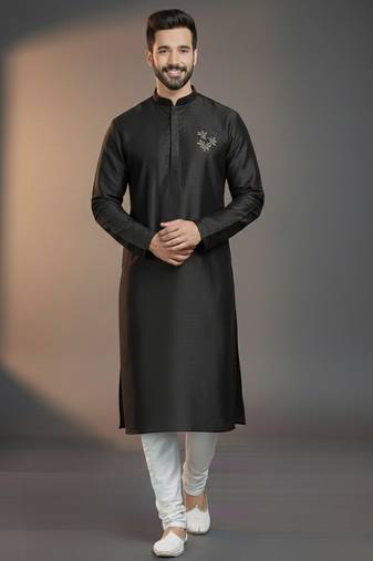 Black dupion silk embroidered kurta set
