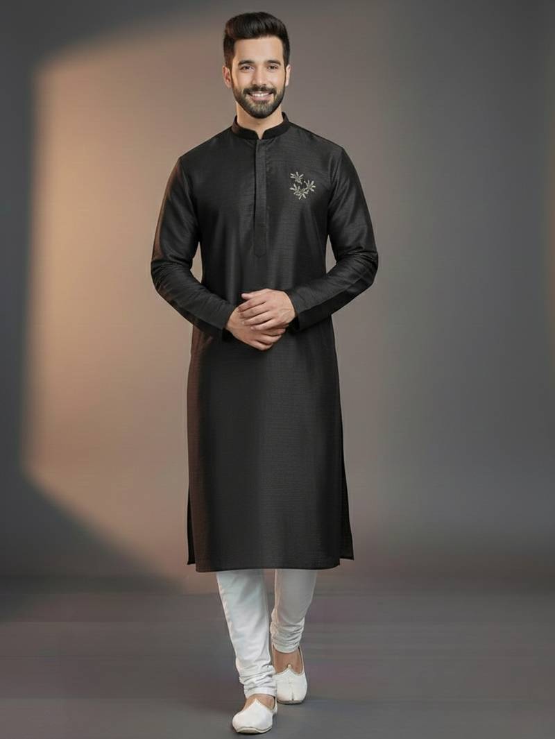 Black dupion silk embroidered kurta set