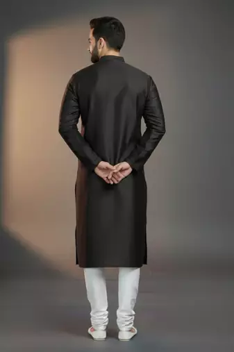 Black dupion silk embroidered kurta set