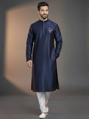Navy dupion silk embroidered kurta set 1