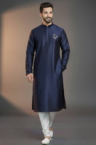 Navy dupion silk embroidered kurta set