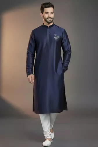 Navy dupion silk embroidered kurta set