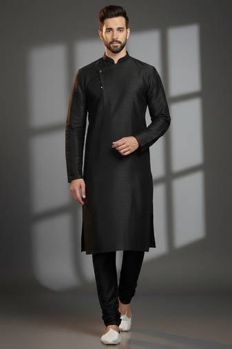 Black dupion silk embroidered kurta set