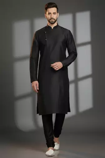Black dupion silk embroidered kurta set