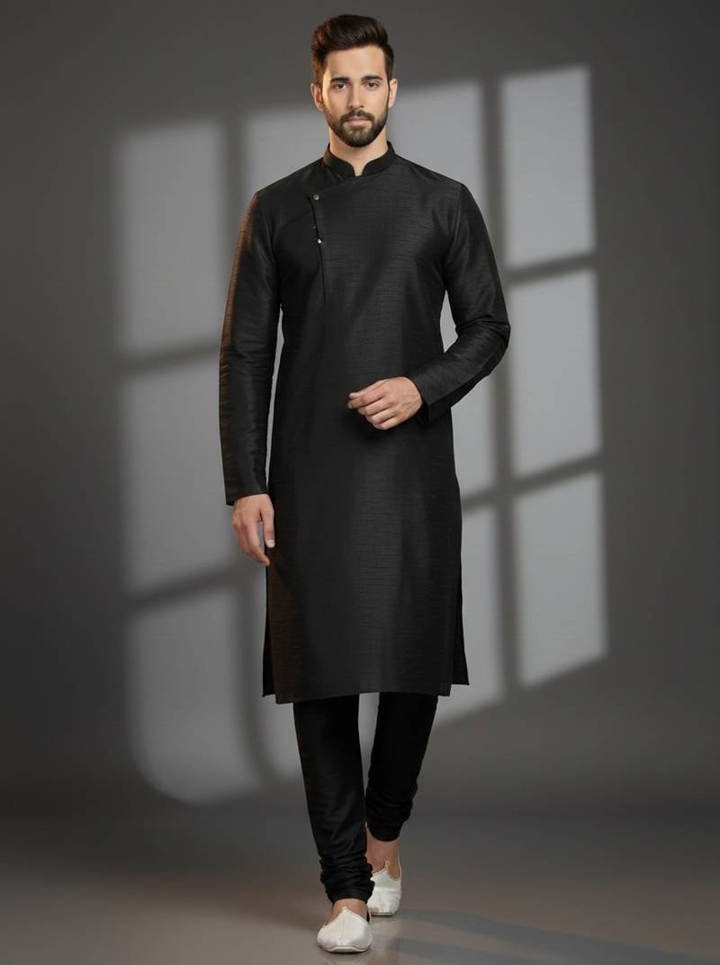 Black dupion silk embroidered kurta set