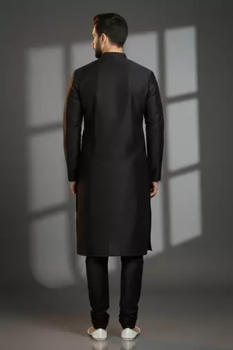 Black dupion silk embroidered kurta set