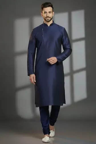 Navy dupion silk embroidered kurta set
