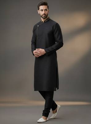 Black dupion silk embroidered kurta set 1