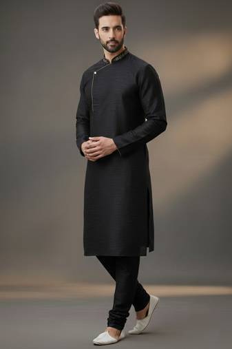Black dupion silk embroidered kurta set