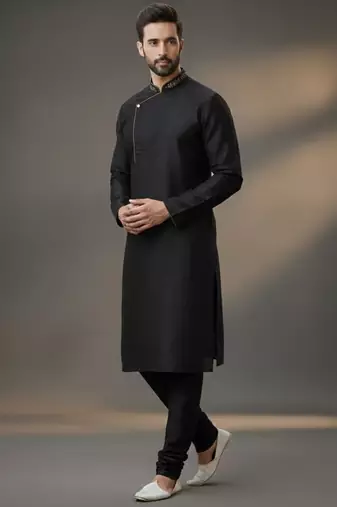 Black dupion silk embroidered kurta set