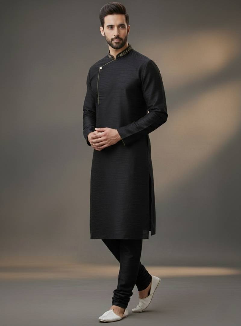 Black dupion silk embroidered kurta set