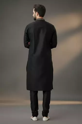 Black dupion silk embroidered kurta set